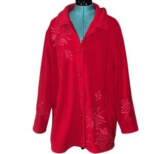 Vintage Red Fleece Jacket w/Floral Embroidery, P2P:26”, L:30.5”